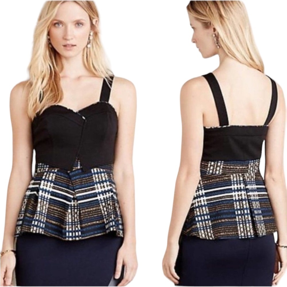 Anthropologie Deletta Nathalie Black Metallic Copper Plaid Peplum Tank Top - XS
